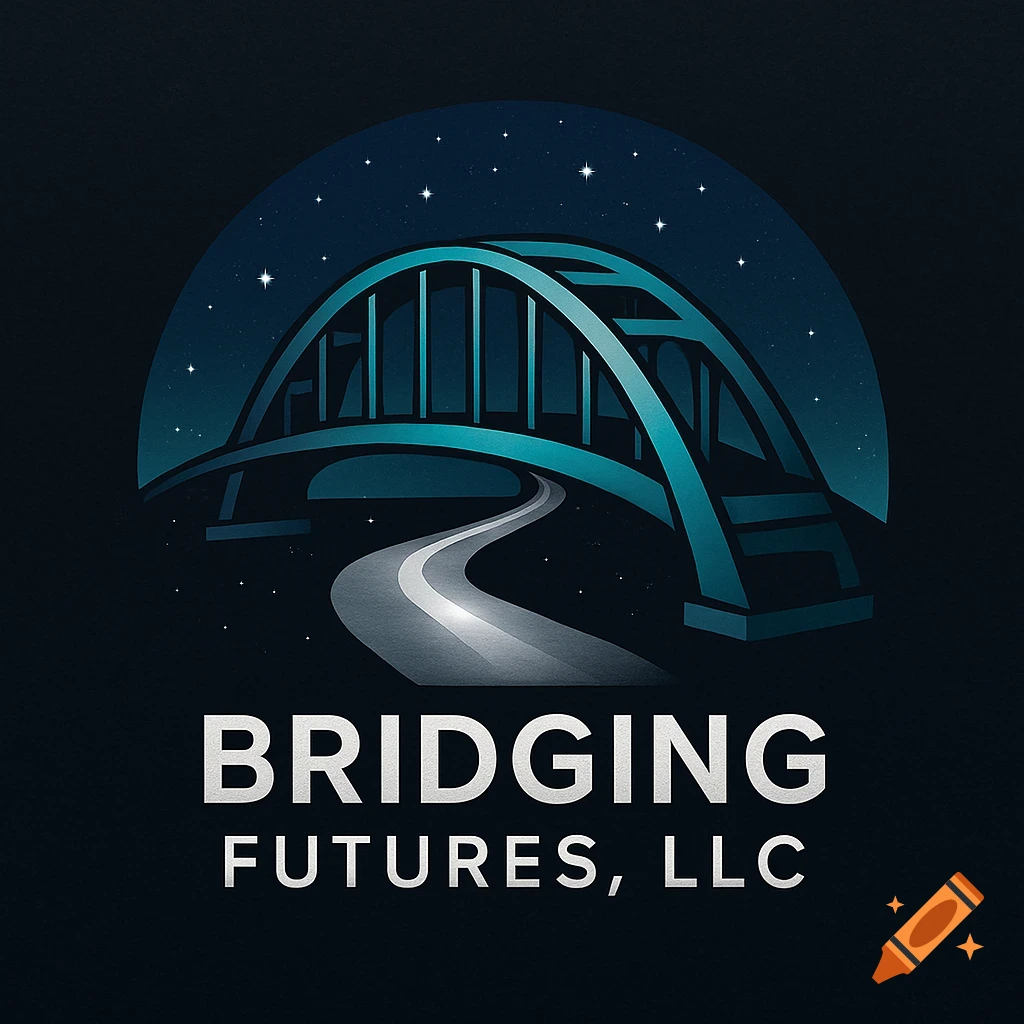 Logo featuring a bridge over a winding path under a starry night sky, with 'BRIDGING FUTURES, LLC' text.