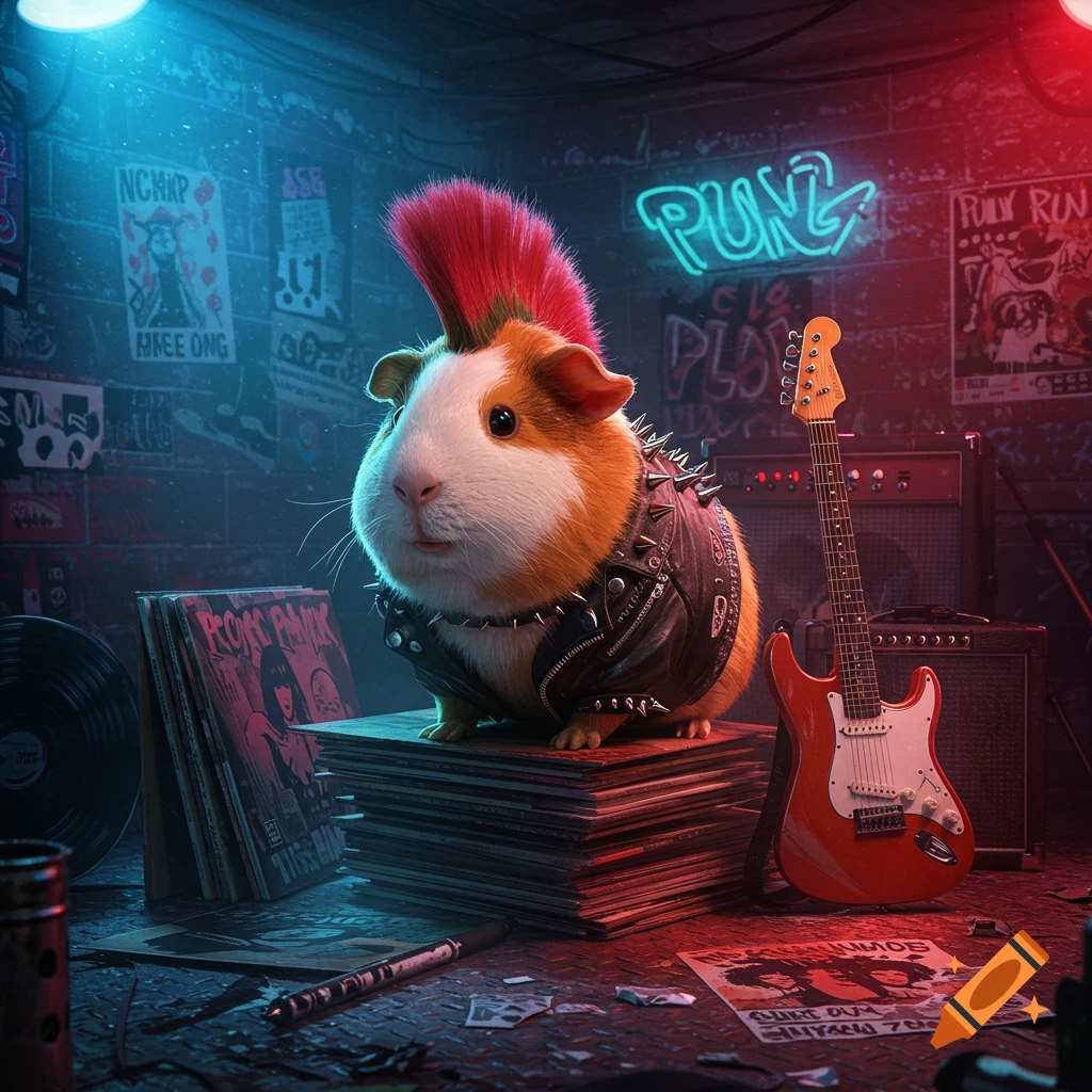 A photorealistic guinea pig with a red mohawk and a studded leather jacket sits on a stack of records next to an electric guitar in a punk club, with a neon PUNK sign in the background.