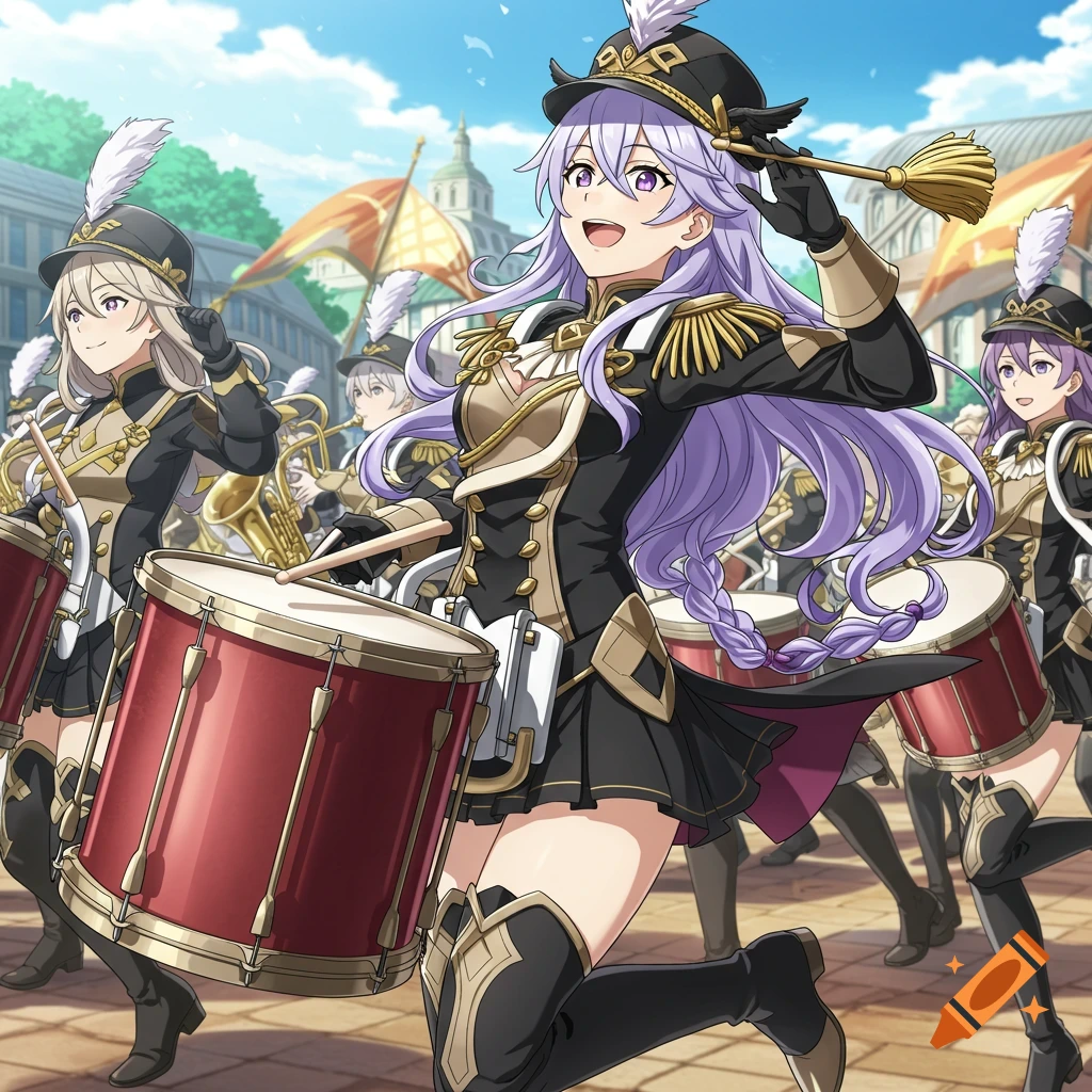 An anime girl with purple hair, dressed as a drum majorette in a black and gold uniform, smiling while playing a bass drum in a marching band.