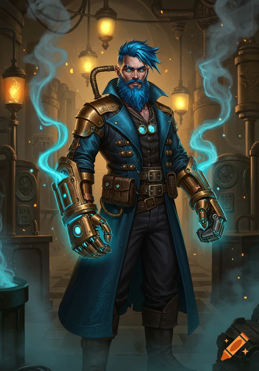 A steampunk artificer with blue hair and beard, wearing a blue coat and glowing golden gauntlets, in a dimly lit workshop.