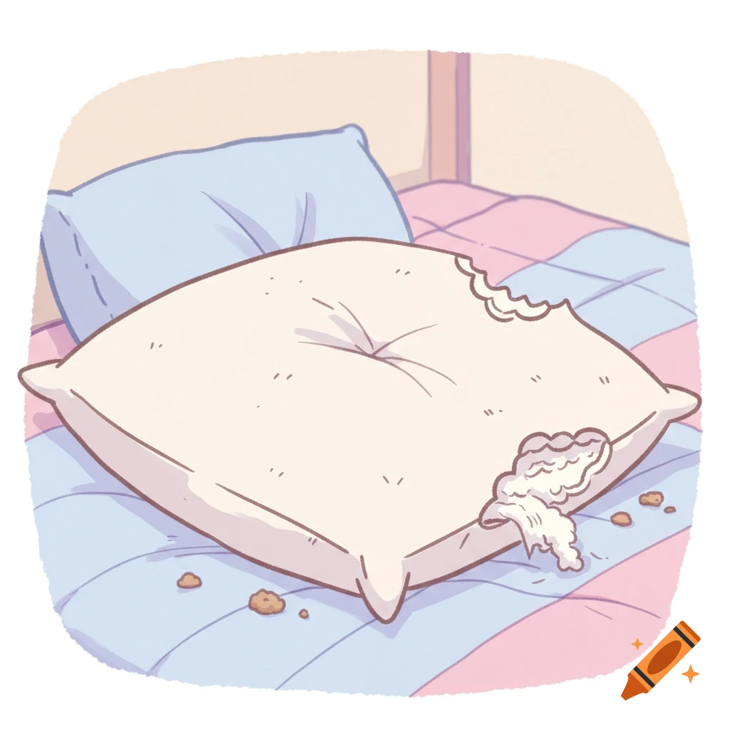 A cartoon illustration of a white pillow with a bite taken out, stuffing coming out, and cookie crumbs on a bed.