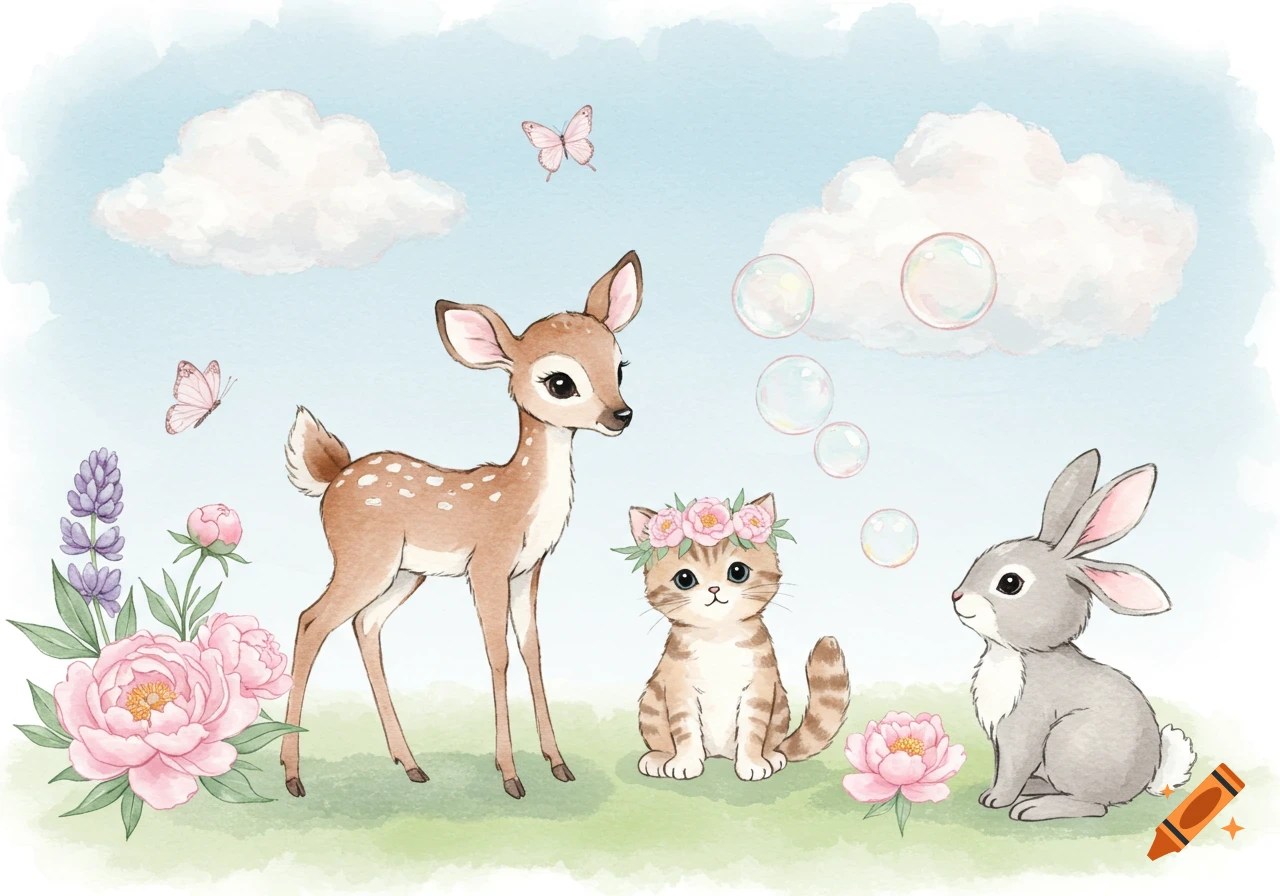 Cute watercolor illustration of a fawn, a kitten with a flower crown, and a bunny in a grassy field with flowers, butterflies, and bubbles.