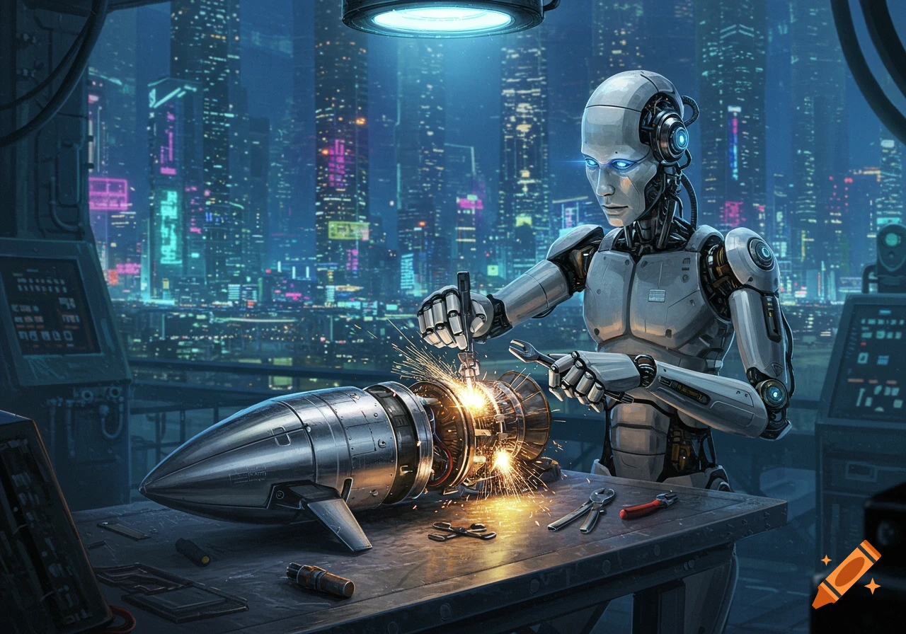 A humanoid robot welds a metal rocket part on a workbench overlooking a neon-lit cyberpunk city at night.