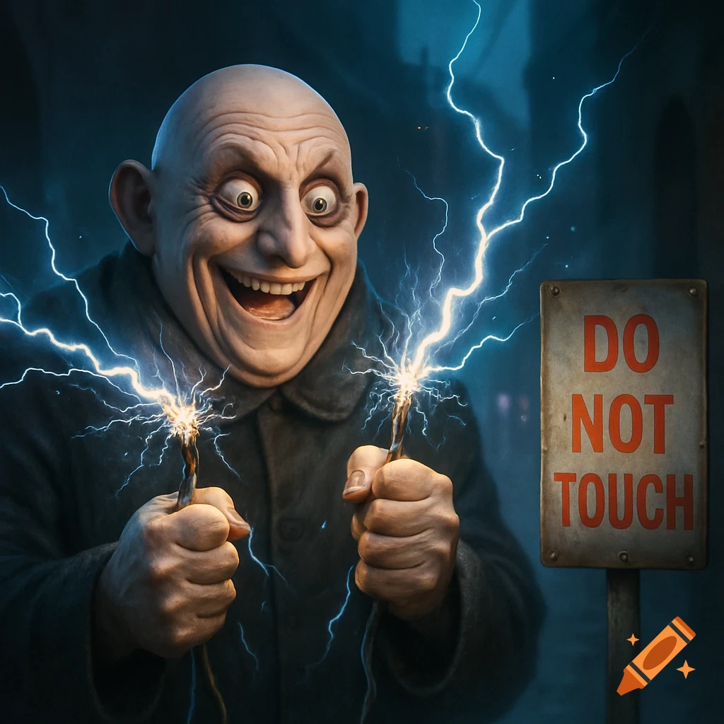 Photorealistic portrait of a bald, smiling Uncle Fester holding electrical wires with lightning, next to a 'DO NOT TOUCH' sign.
