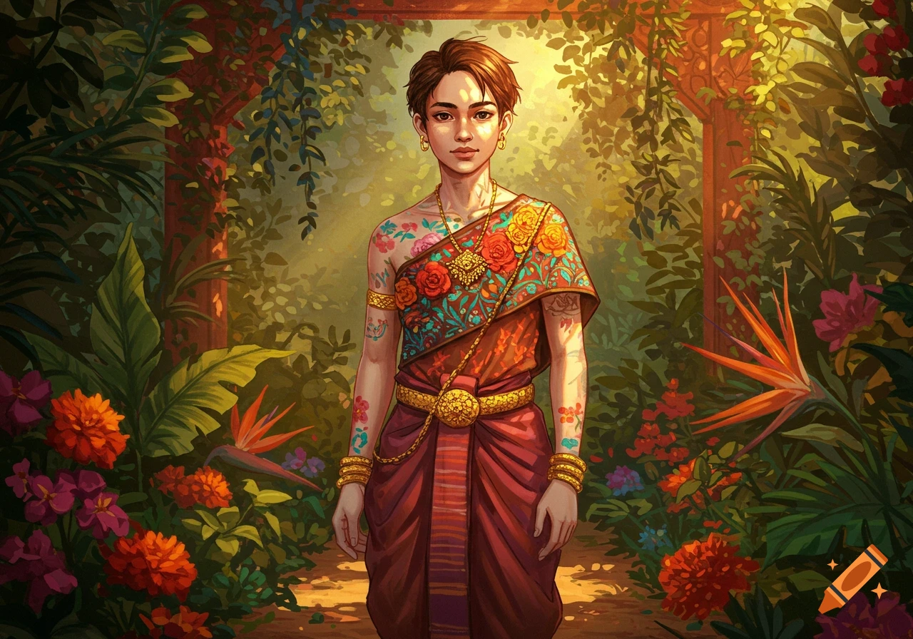 Stylized portrait of a person in ornate Thai traditional attire with flower tattoos, standing in a vibrant, lush garden with warm light.