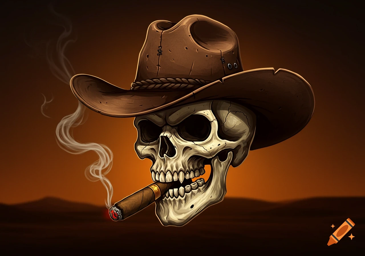A stylized skull wearing a brown cowboy hat smokes a lit cigar, with smoke rising against an orange and brown gradient background.