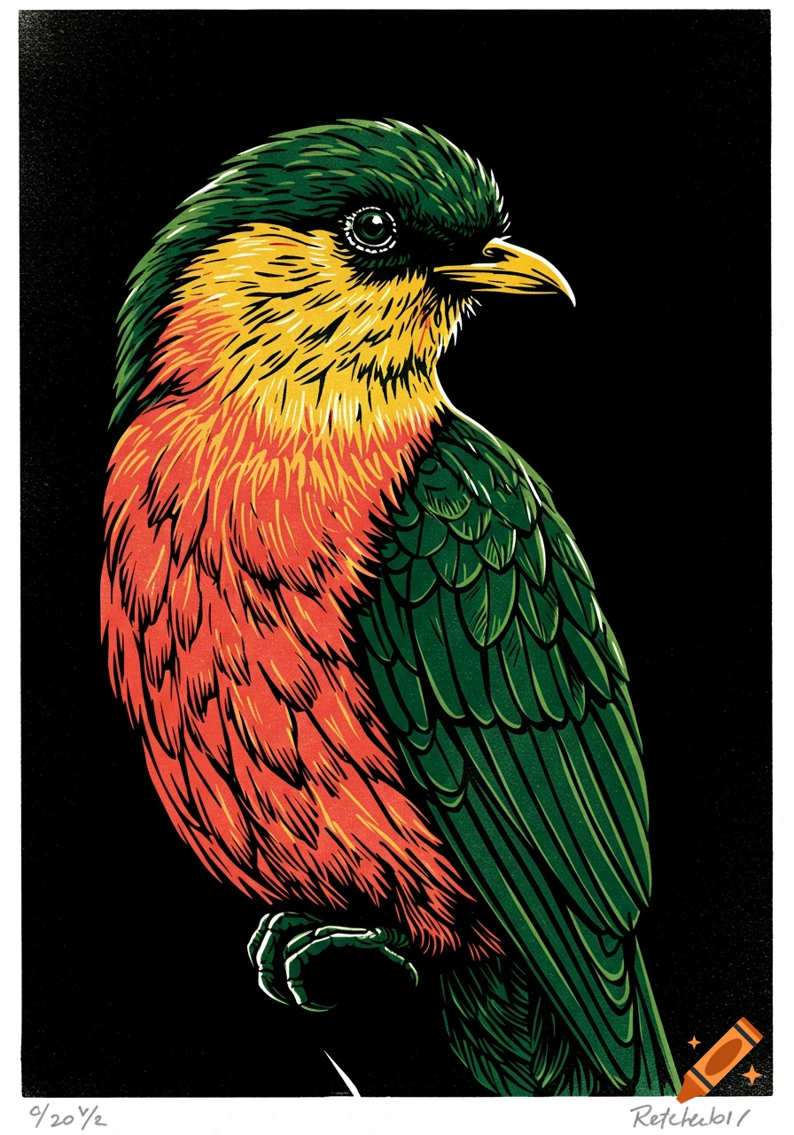 Colorful tropical bird in green, yellow, and orange linoprint style against a black background.