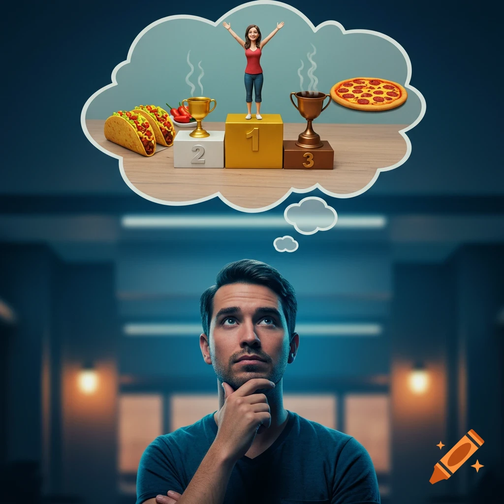 A man looks up at a thought bubble showing a woman on a first-place podium, with tacos on second and pizza on third place pedestals.