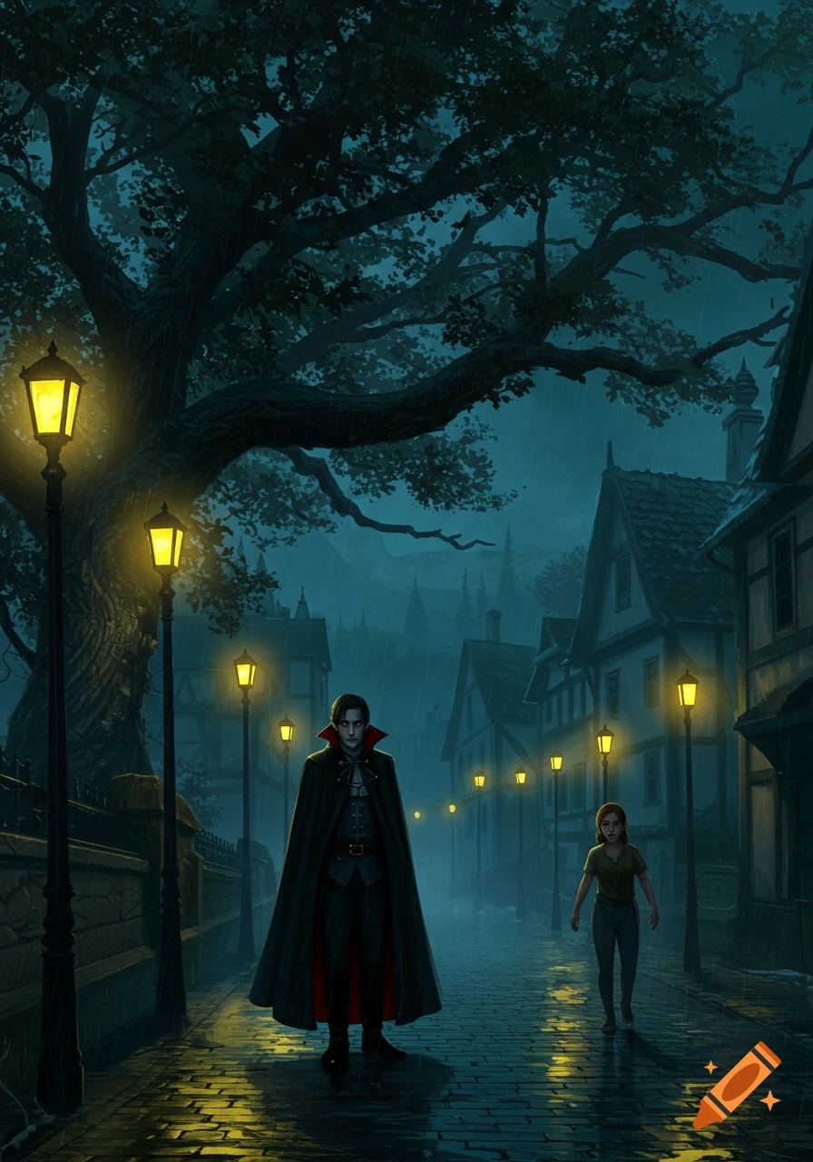 A man in a dark cape with red eyes and a young woman walk on a rainy cobblestone street at night, lit by yellow street lamps in a gothic town.