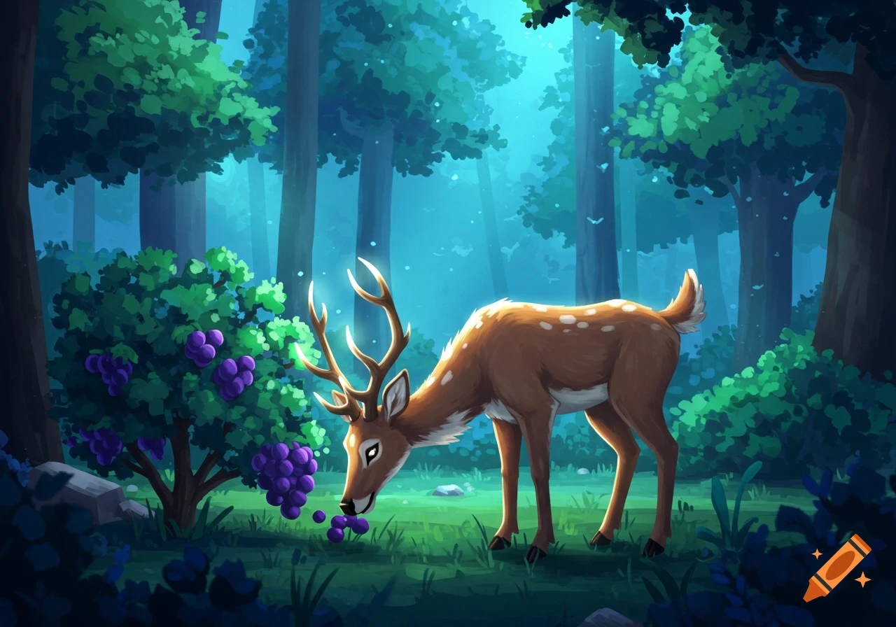 A cartoon deer with antlers eating purple grapes from a bush in a magical forest with tall trees and glowing light.