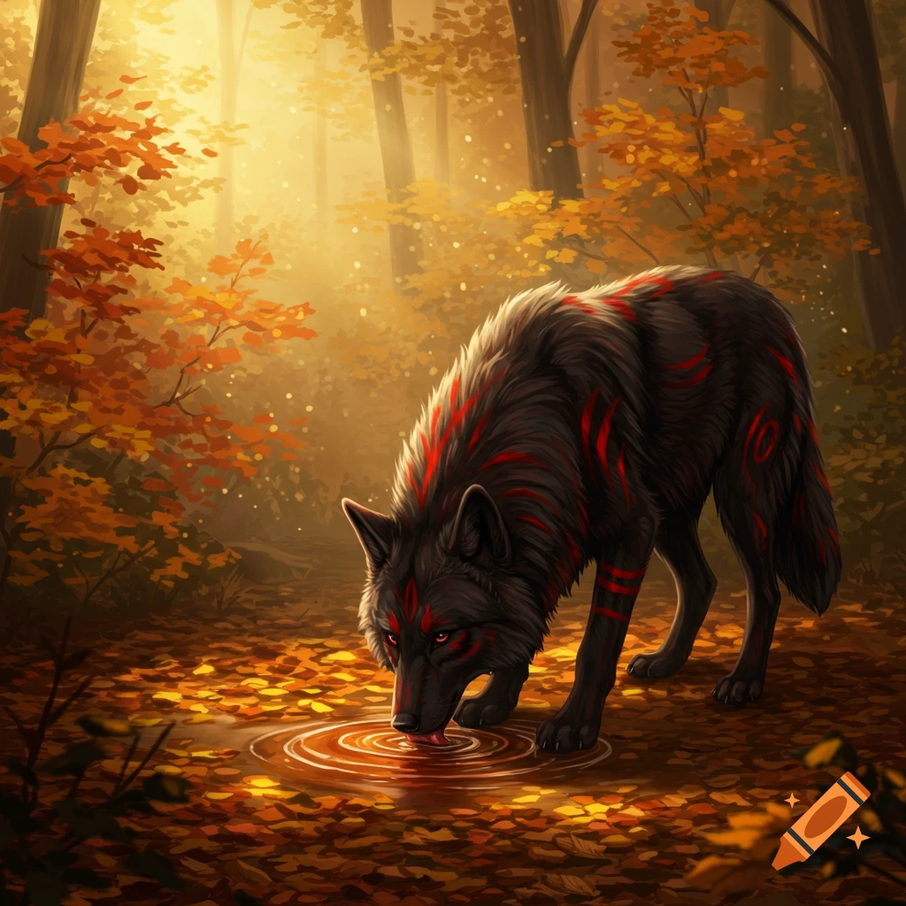 A black wolf with red glowing markings drinks from a puddle in a sunlit autumn forest, surrounded by orange and yellow leaves.