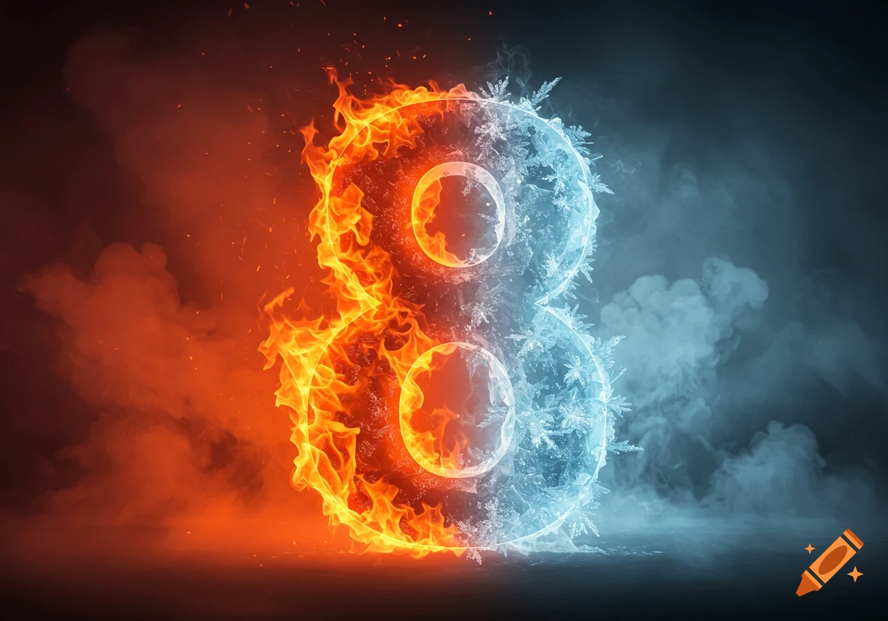 Stylized number 8, half fiery orange flames and half blue ice with snowflakes, against a dark smoky background.