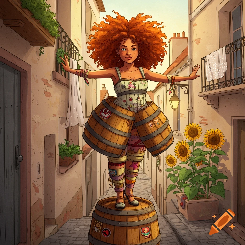 Illustrated woman with curly red hair wearing a barrel skirt and patchwork leggings balances on a barrel in a quaint street with sunflowers.