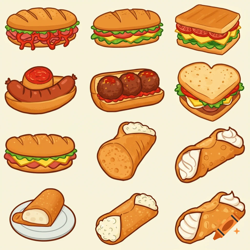 A grid of cartoon-style American-Italian food icons, including subs, a hot dog, and cannolis.