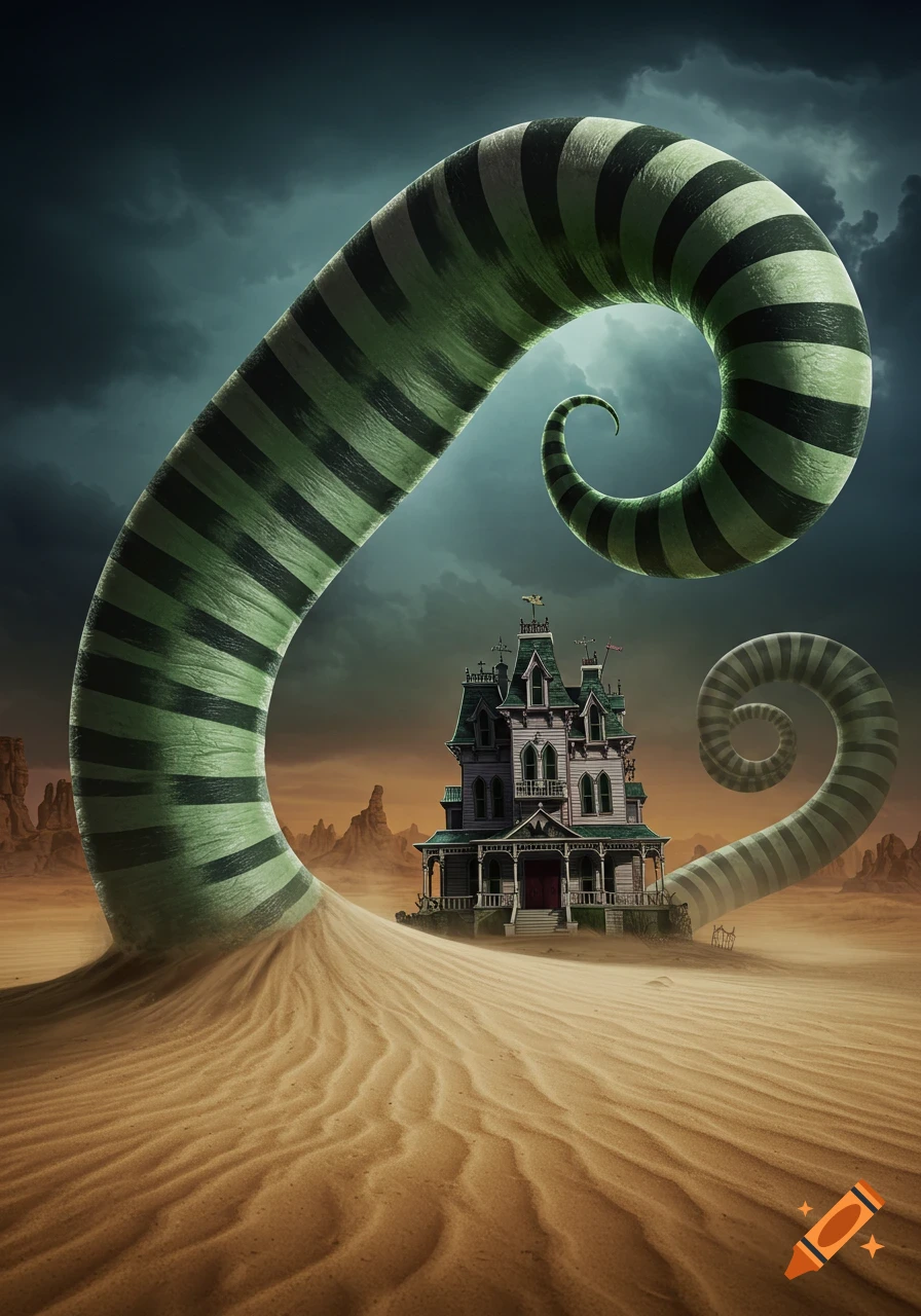 A gothic Victorian house in a desert with two huge green and black striped sandworms rising from the sand under a dramatic sky.