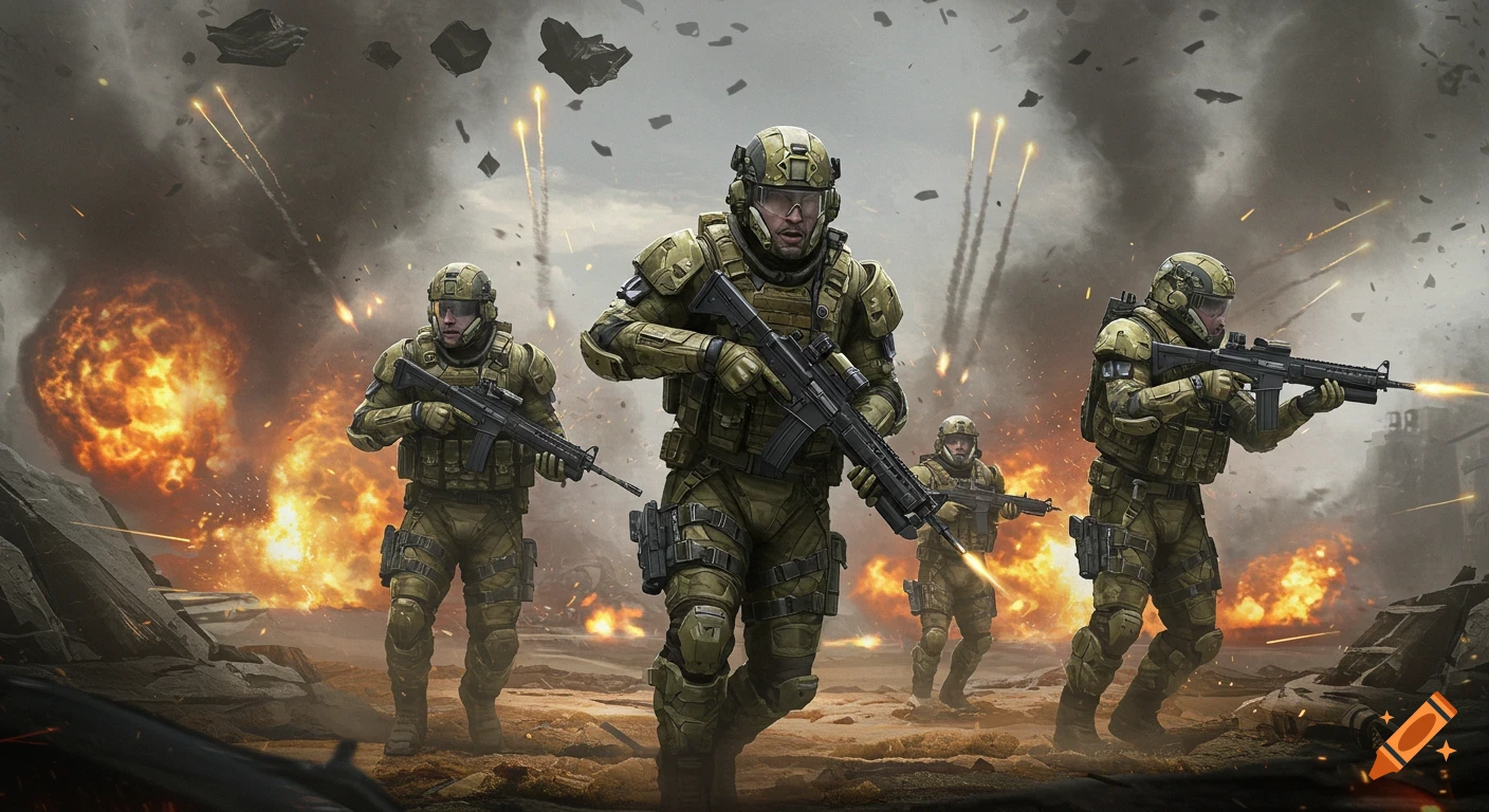 Four soldiers in tactical gear advance through a smoke-filled, explosion-riddled warzone, firing their weapons.