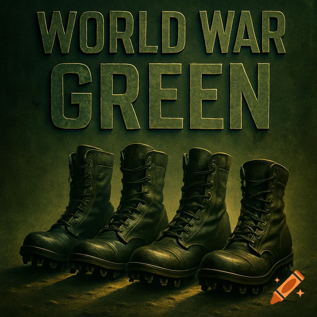Four dark green military boots with cleats under the text 'WORLD WAR GREEN' on a textured green background.