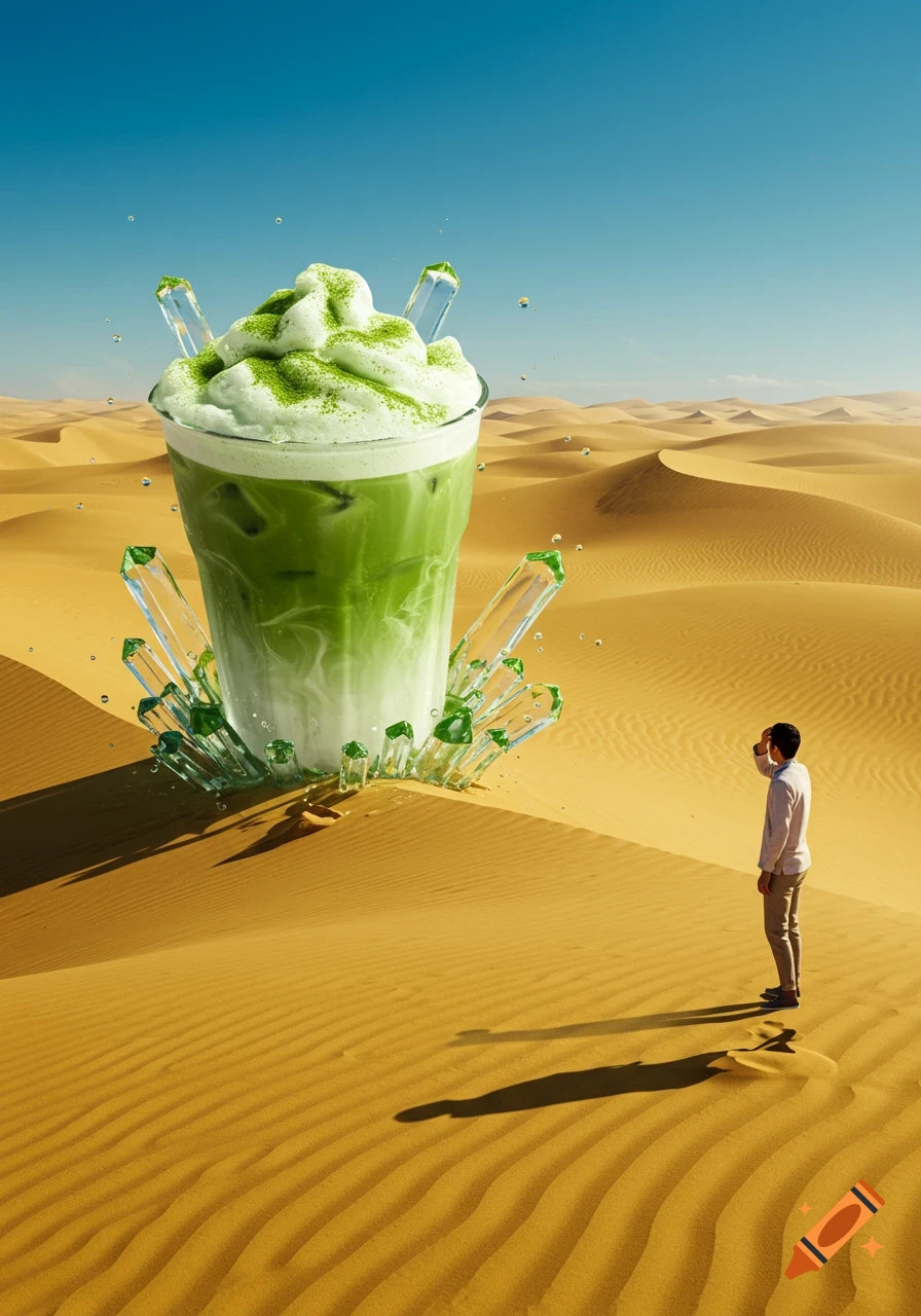 A man stands in a vast desert, looking up at a towering, refreshing iced matcha latte emerging from the sand with green crystals.