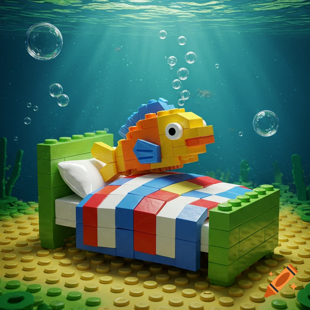 A colorful Lego fish rests on a Lego bed on the ocean floor, surrounded by bubbles.