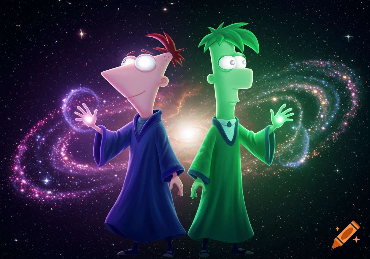 Stylized depiction of Phineas and Ferb in robes with glowing hands, against a galaxy backdrop.