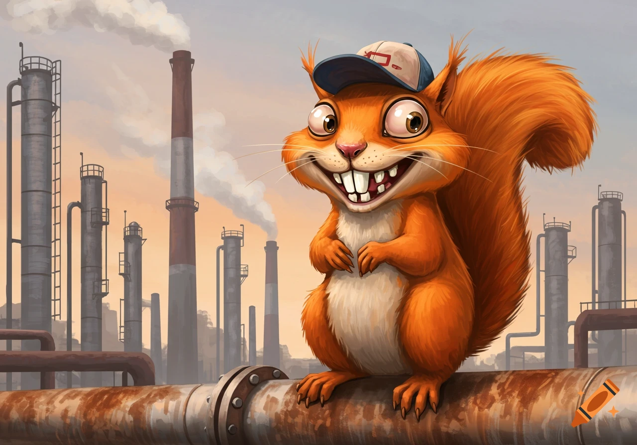 A goofy, buck-toothed orange cartoon squirrel wearing a baseball cap sits on a pipe in front of an industrial refinery.