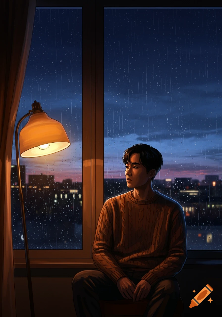 An illustration of a man sitting by a window, looking out at a rainy city at night, lit by an indoor lamp.