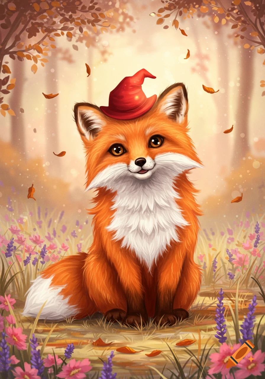 A cute, fluffy orange and white fox wearing a red wizard hat sits in a field of colorful flowers and falling autumn leaves.