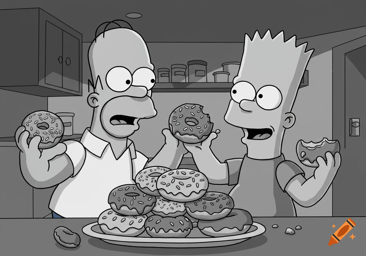 Black and white cartoon of Homer and Bart Simpson enthusiastically eating a large pile of donuts in a kitchen.