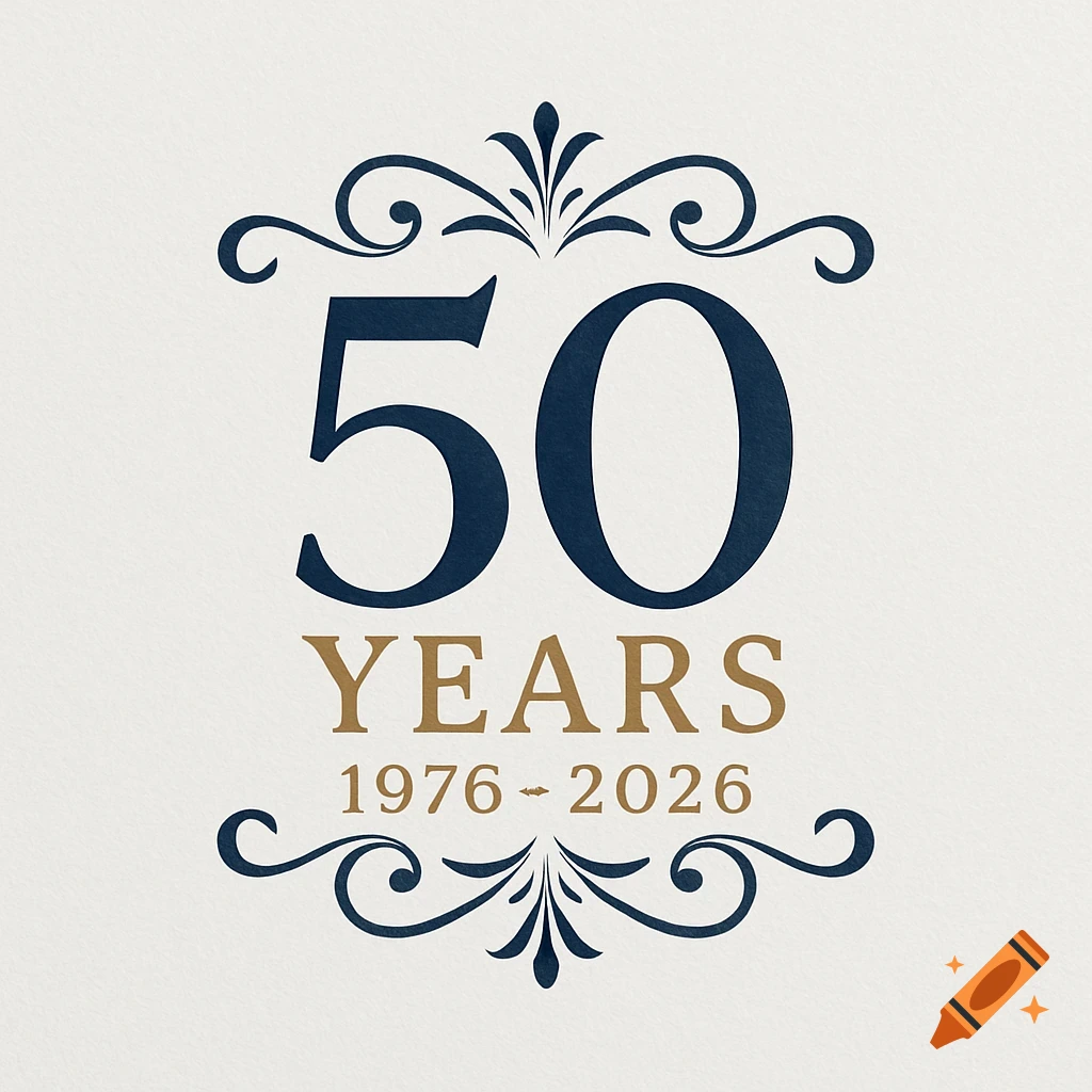A graphic design with the number 50 in dark blue, "YEARS" in gold, and "1976 - 2026" in dark blue, all framed by ornate dark blue scrollwork on a light textured background.
