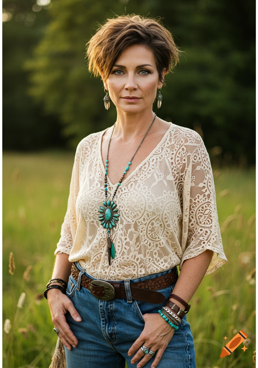 A woman with a short pixie cut, blue-green eyes, wearing a lace top, jeans, and turquoise jewelry, stands in a grassy field.