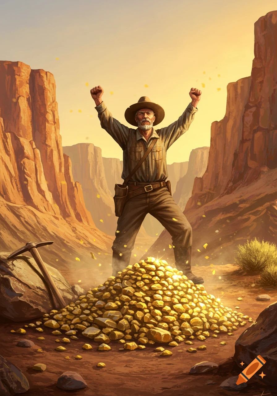 An illustrated gold miner with arms raised in triumph, standing on a massive pile of gold nuggets in a desert canyon at sunset.