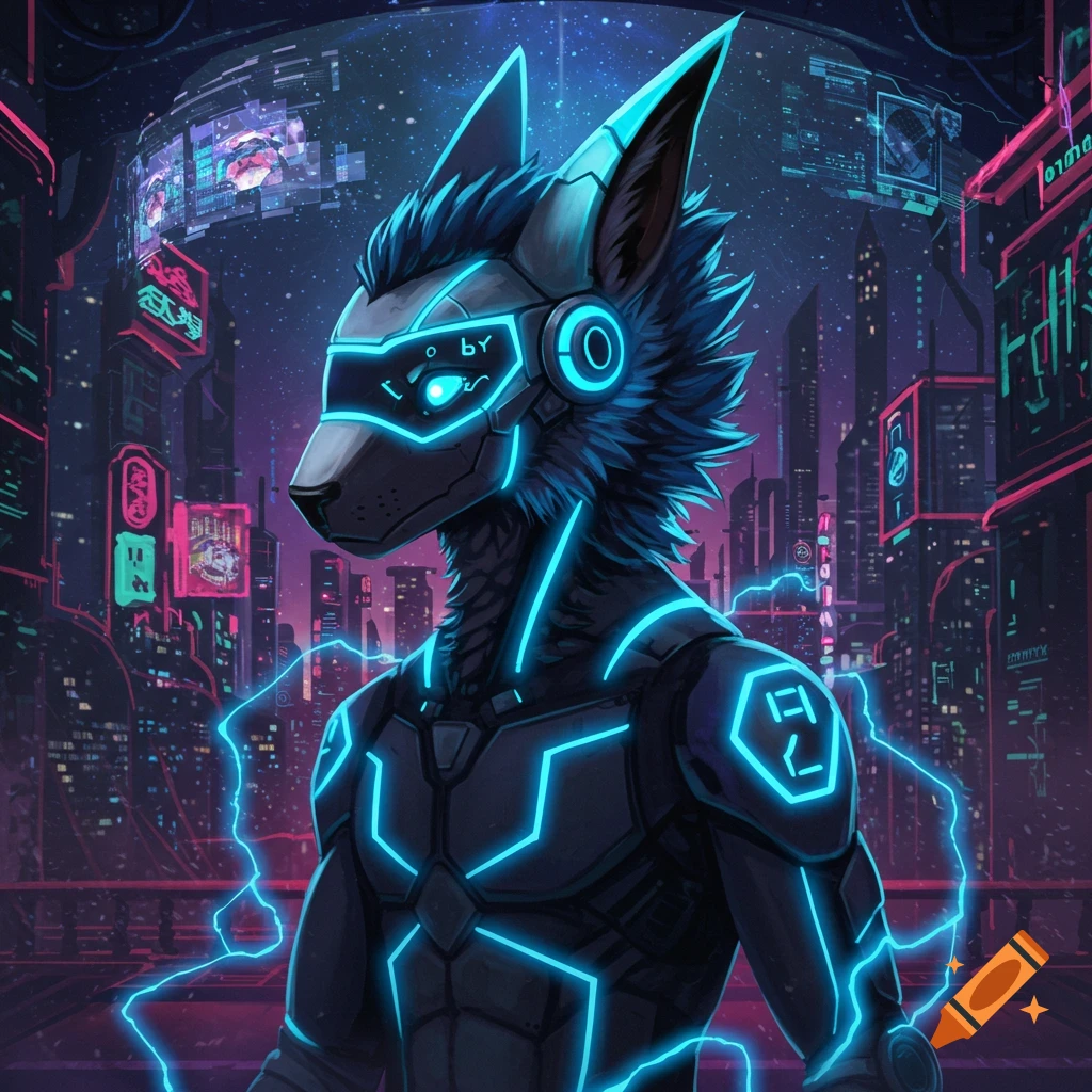 A glowing blue protogen stands in a futuristic cyberpunk city at night, illuminated by neon lights.