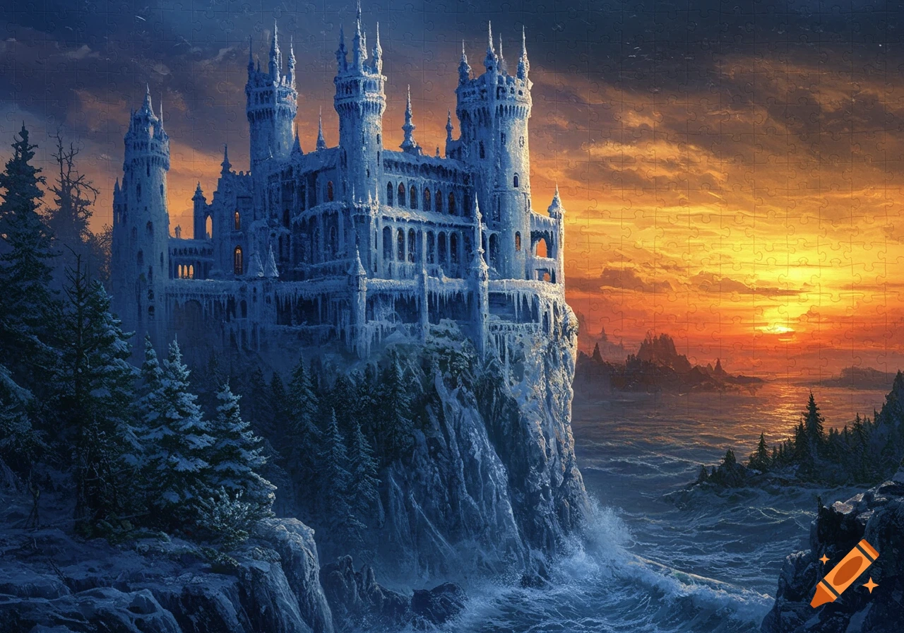 A magnificent, ice-covered fantasy castle perched on a snowy cliff above a stormy ocean at sunset, in a highly detailed oil painting style.