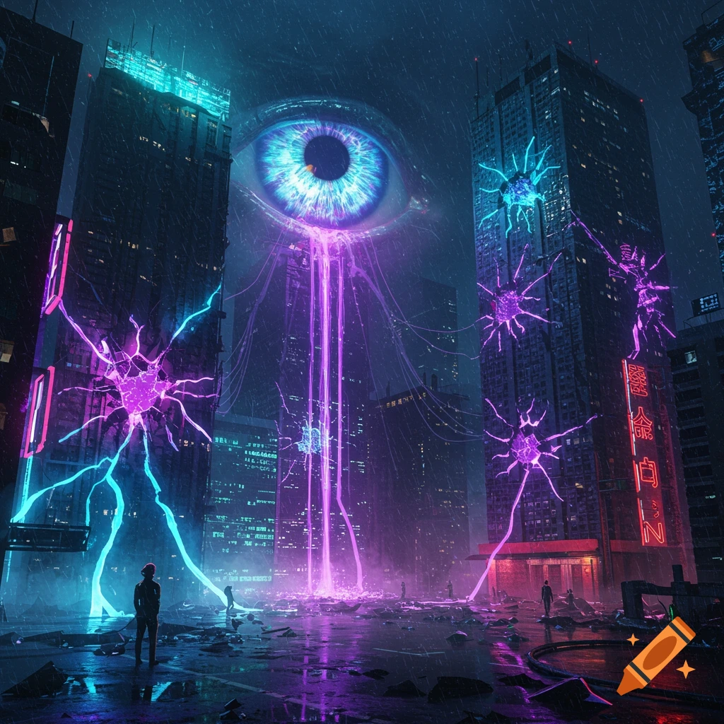 A vibrant, surreal cyberpunk city at night with a giant blue eye in the sky, radiating purple and blue light beams onto wet, fractured ground where small figures stand.