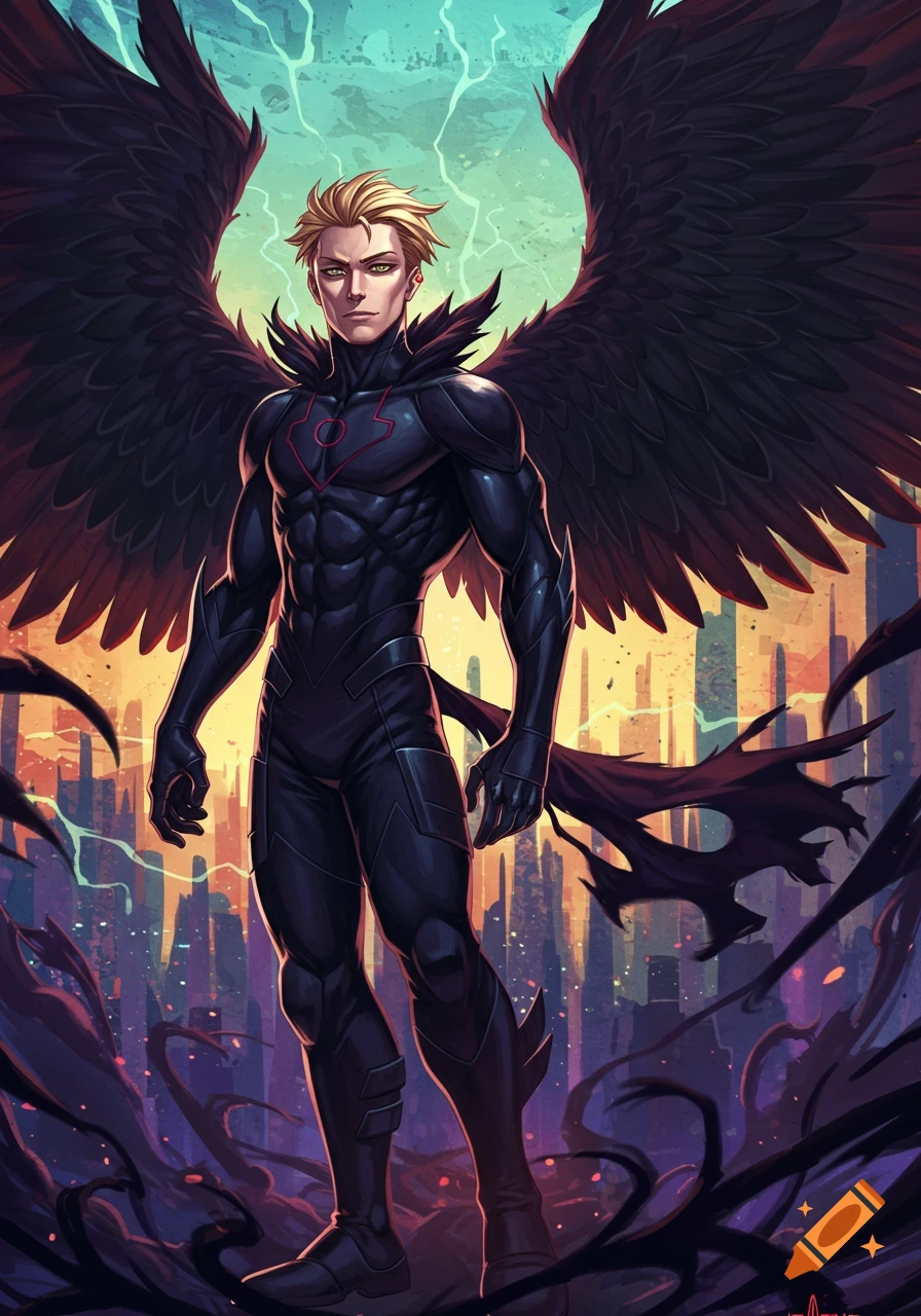 A muscular man with blonde hair and green eyes, wearing a black, form-fitting superhero suit with large black feathered wings, stands against a vibrant city skyline.