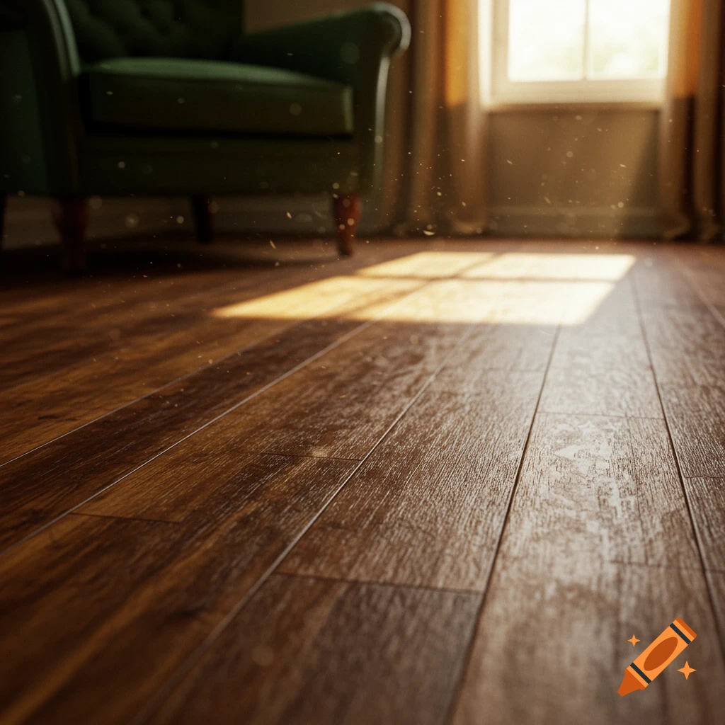 Sunlit wooden floor with dust motes, green armchair in background. Photorealistic interior scene.