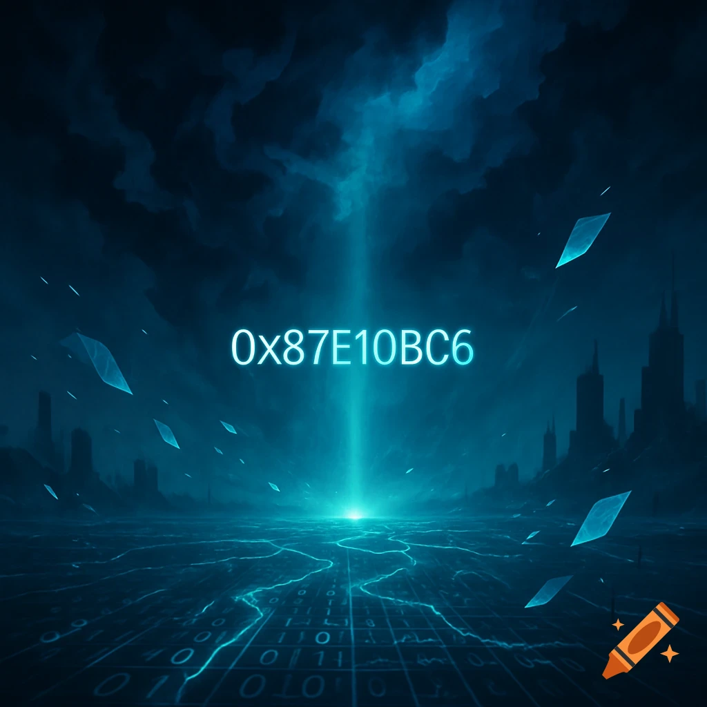 A futuristic digital landscape with glowing blue text '0x87E10BC6' above a light source, surrounded by city silhouettes and floating shards.