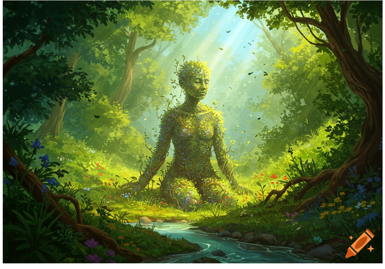A human-like figure made of leaves and vines meditates in a vibrant, sun-dappled forest with a stream, in a stylized illustration.