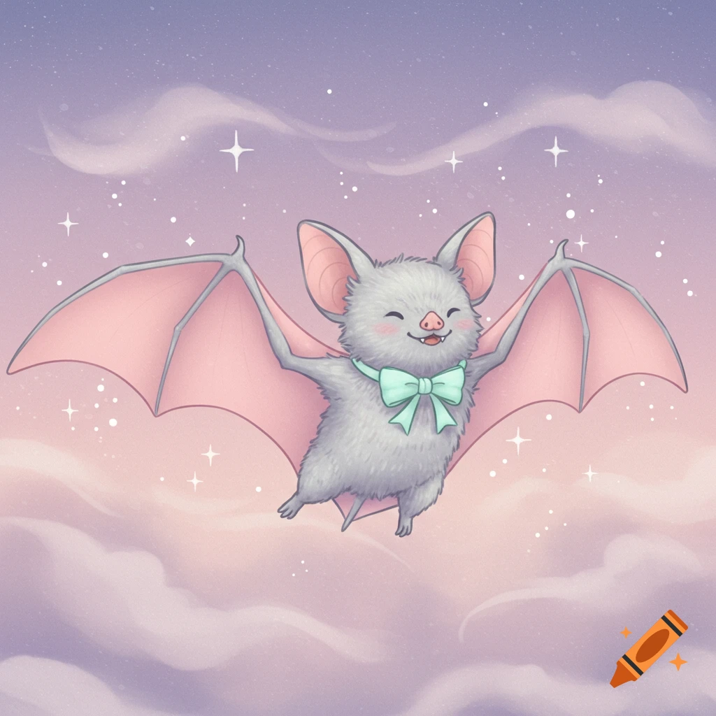 A cute, smiling cartoon bat with pastel pink wings and a mint bow flies in a soft purple and pink sky with clouds and stars.