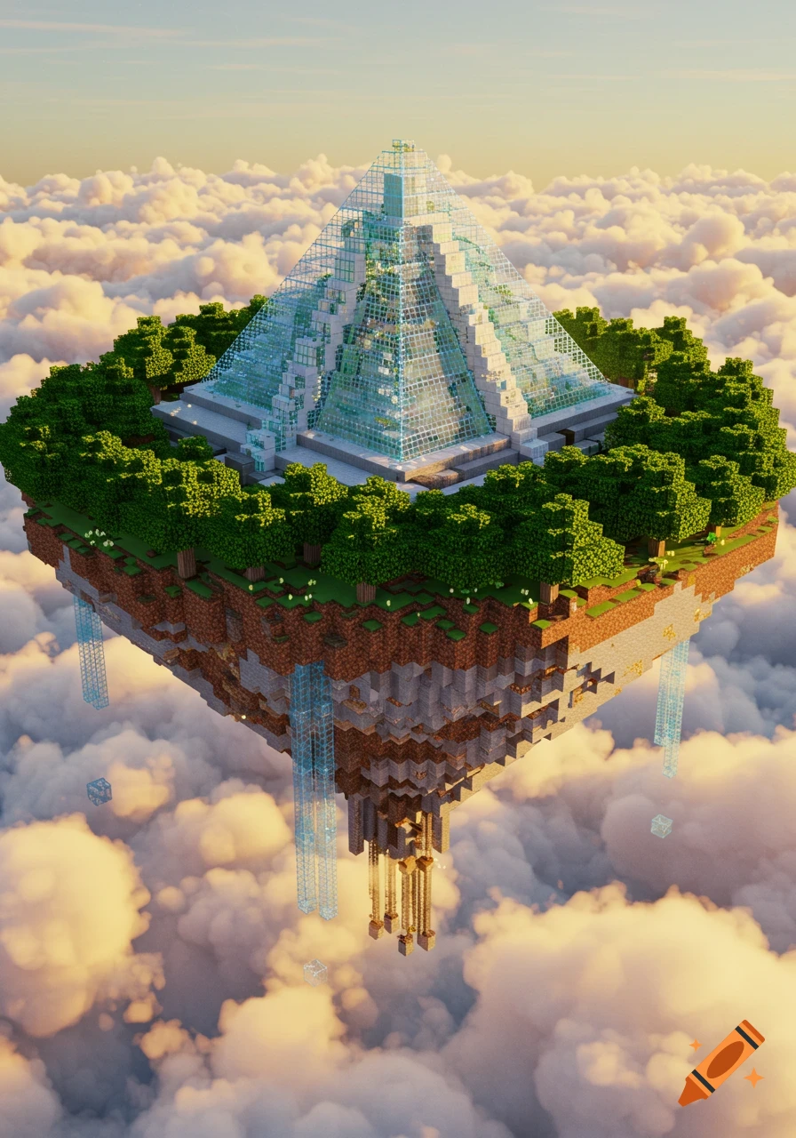 A pixelated Minecraft-style floating island with a glass pyramid surrounded by trees, high above clouds at sunset.