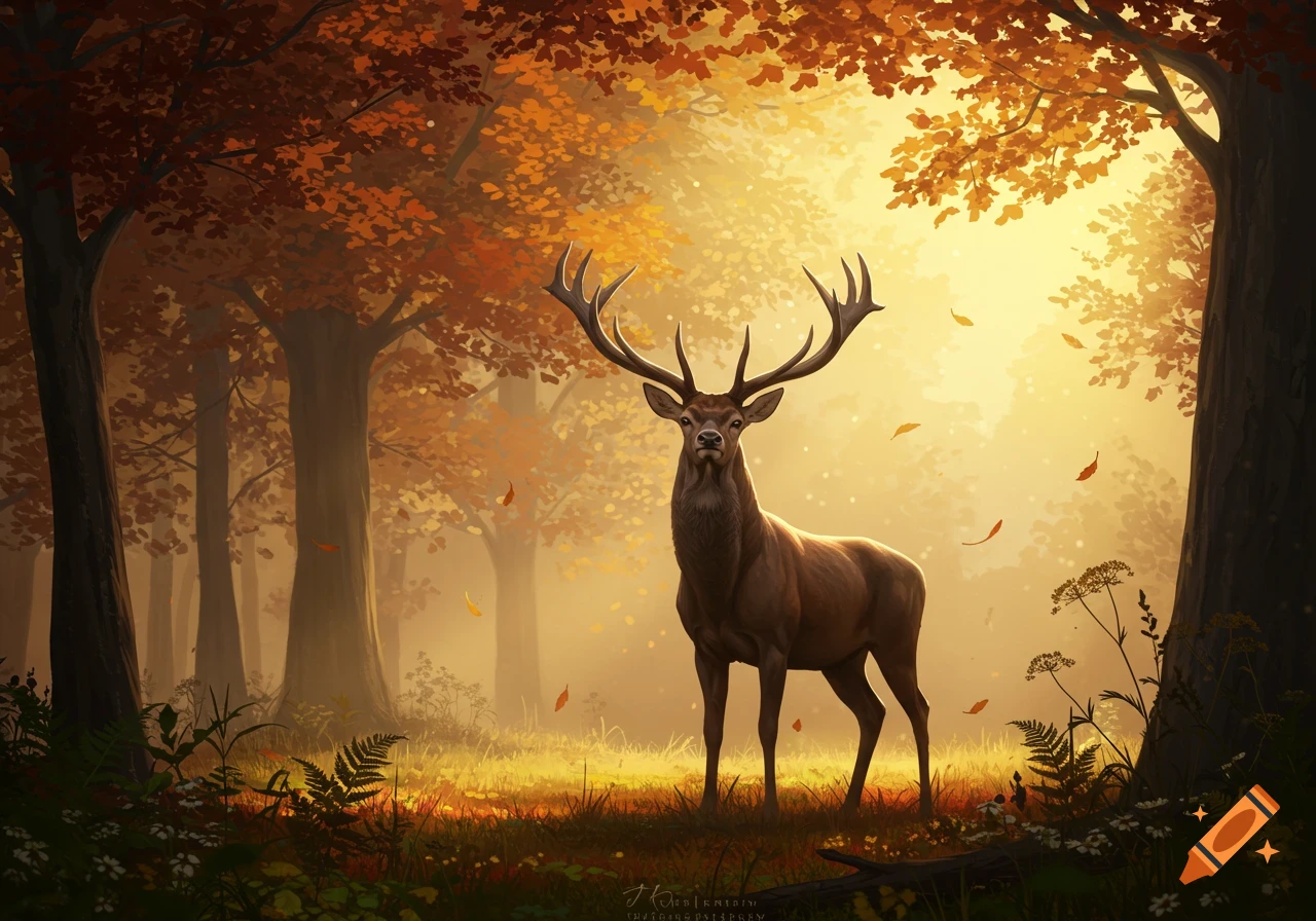 A majestic buck with large antlers stands prominently in a sunlit autumn forest, surrounded by vibrant orange leaves.