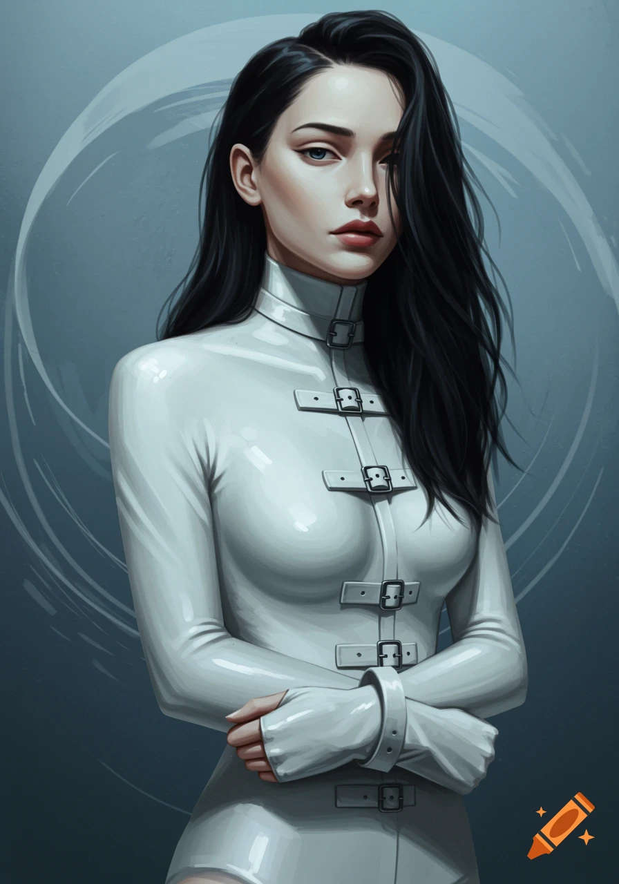 Stylized illustration of a woman with dark hair wearing a white straitjacket, looking directly forward.