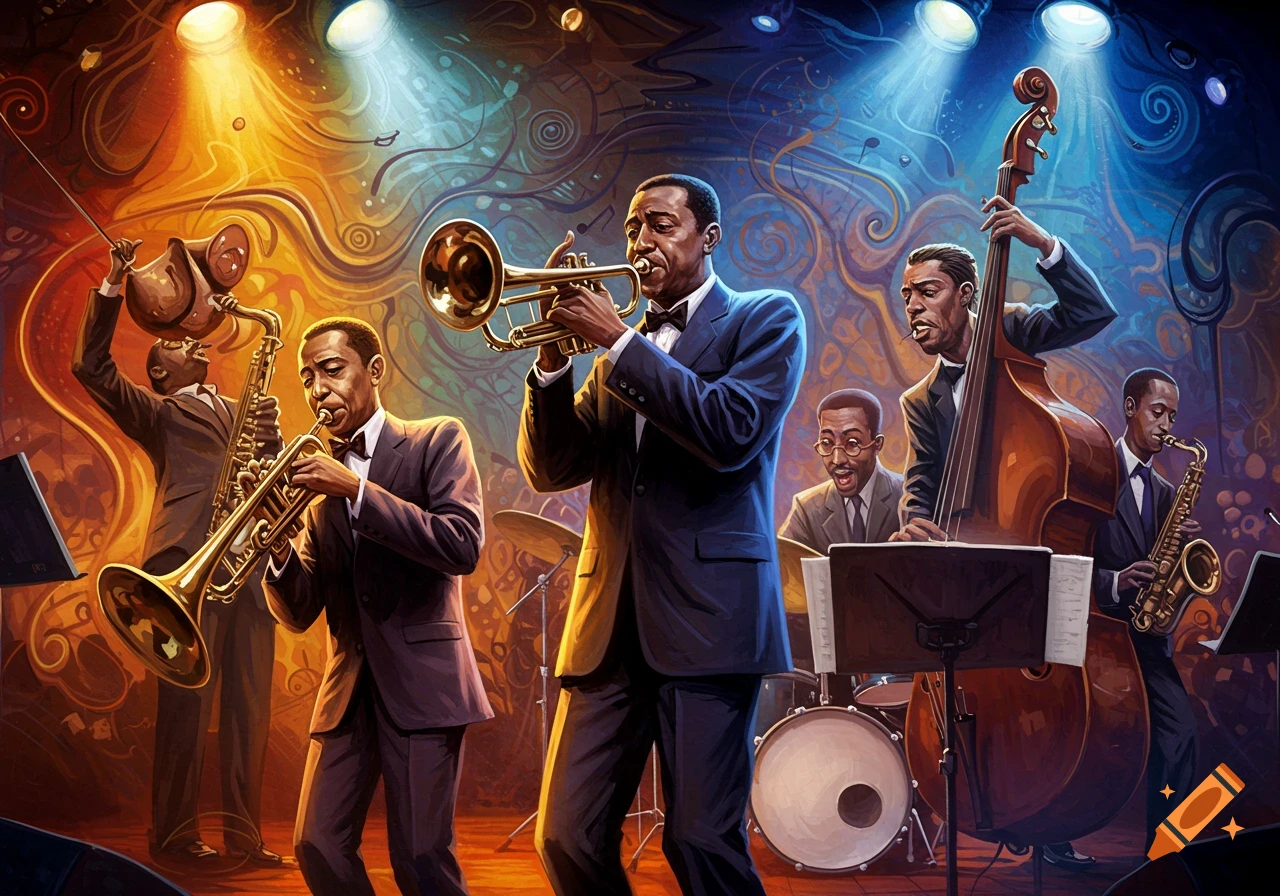 A jazz band performs on stage with colorful lighting in a surreal, artistic style. Musicians play trumpet, saxophone, and upright bass.