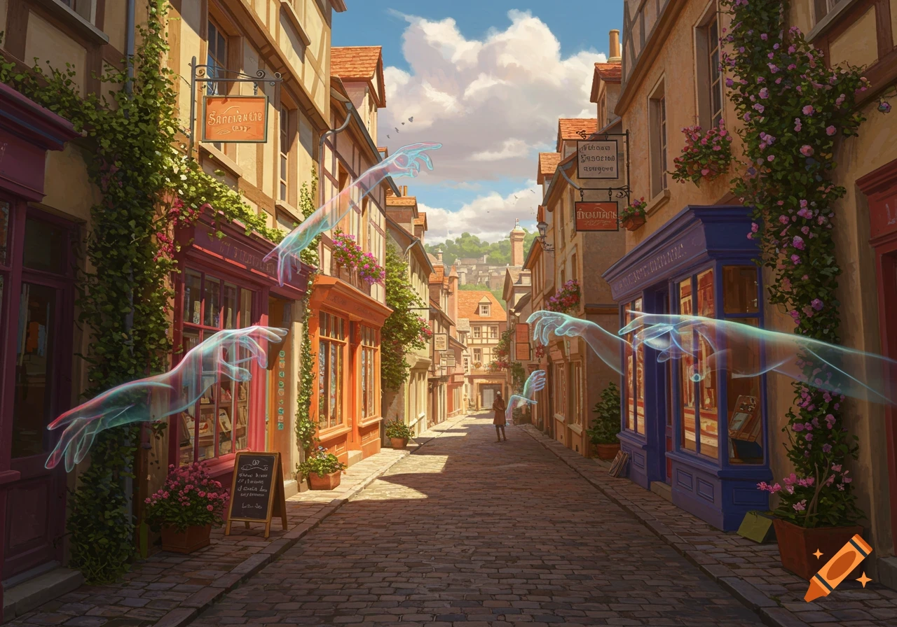 An enchanted cobblestone street lined with shops, featuring ethereal, glowing hands reaching out amidst the buildings and a person in the distance.