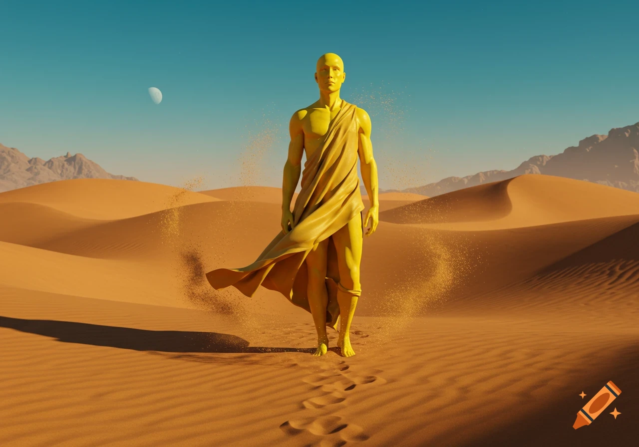 A golden man draped in flowing cloth walks across vast sand dunes under a blue sky with a crescent moon.