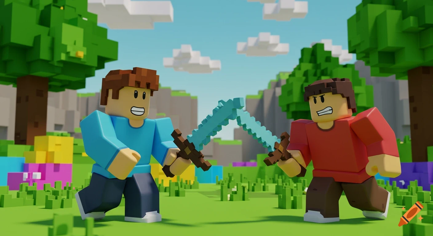 Two blocky Roblox-style noob characters in a Minecraft-like landscape, fighting with pixelated swords.
