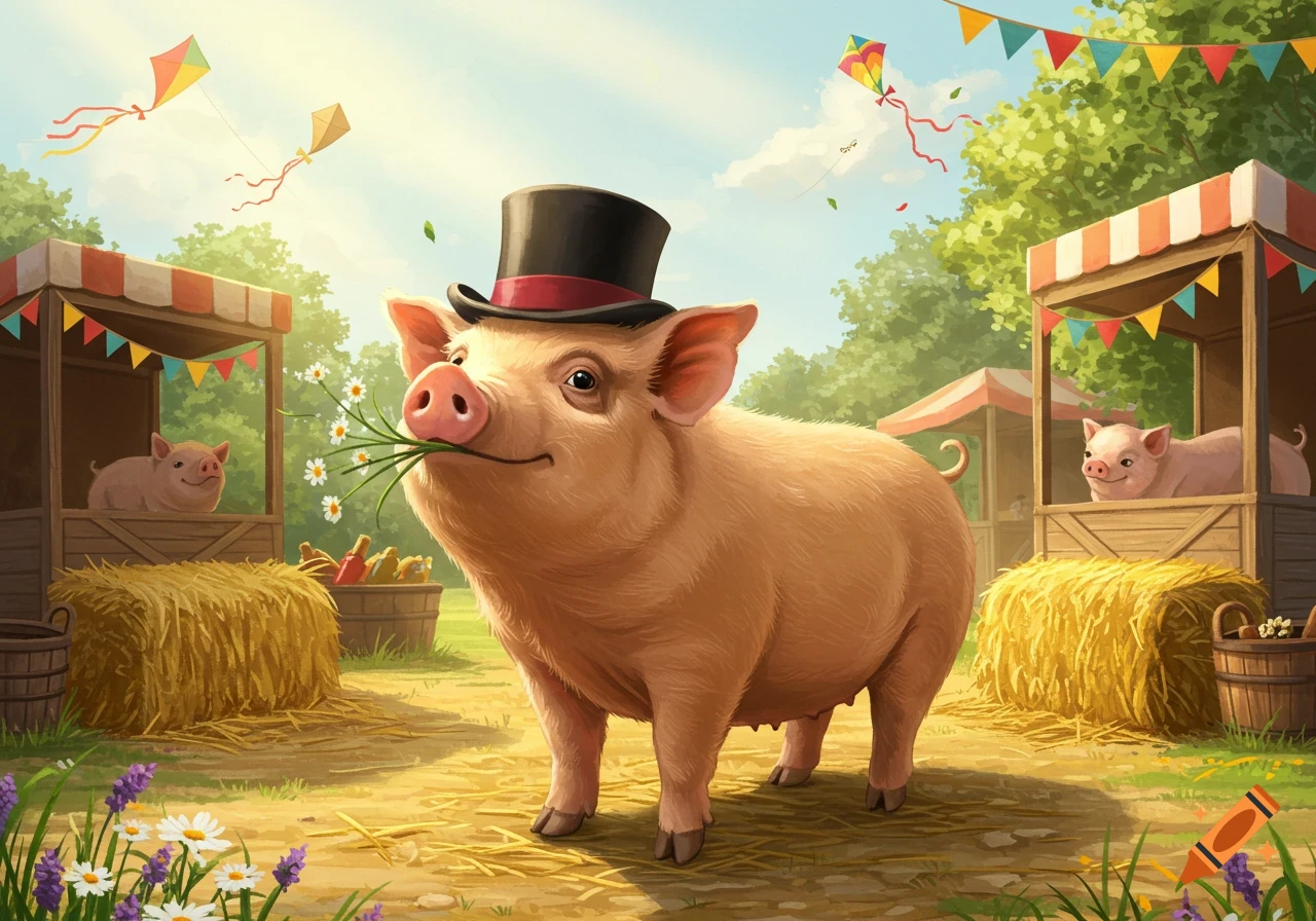 A tawny pig wearing a black top hat and holding flowers in its mouth stands in a festive outdoor market with other pigs and kites.