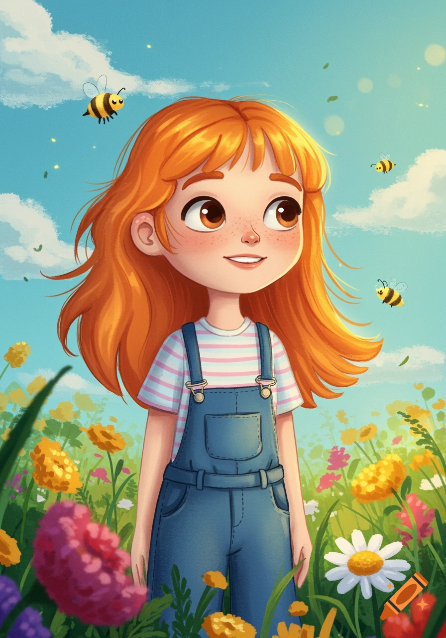 A cheerful, cartoony ginger girl with bangs smiles while standing in a sunny field filled with colorful flowers and bees.