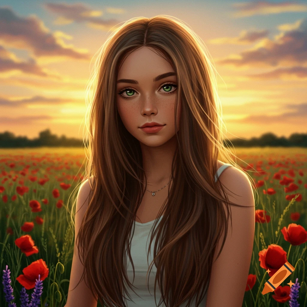 A girl with long brown hair and green eyes stands in a field of red poppies at sunset, digital art.