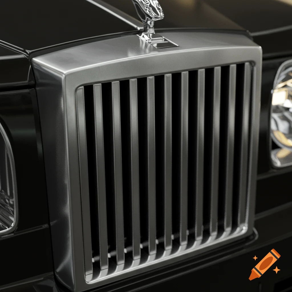 Close-up of a black Rolls-Royce car's silver front grill and hood ornament.